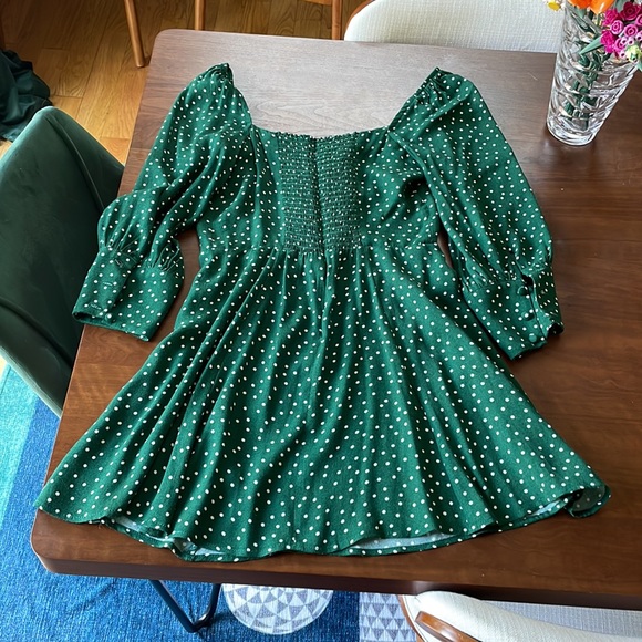 Reformation BEATRICE FIT & FLARE DRESS in Green Polka Dot 8 - Picture 6 of 8